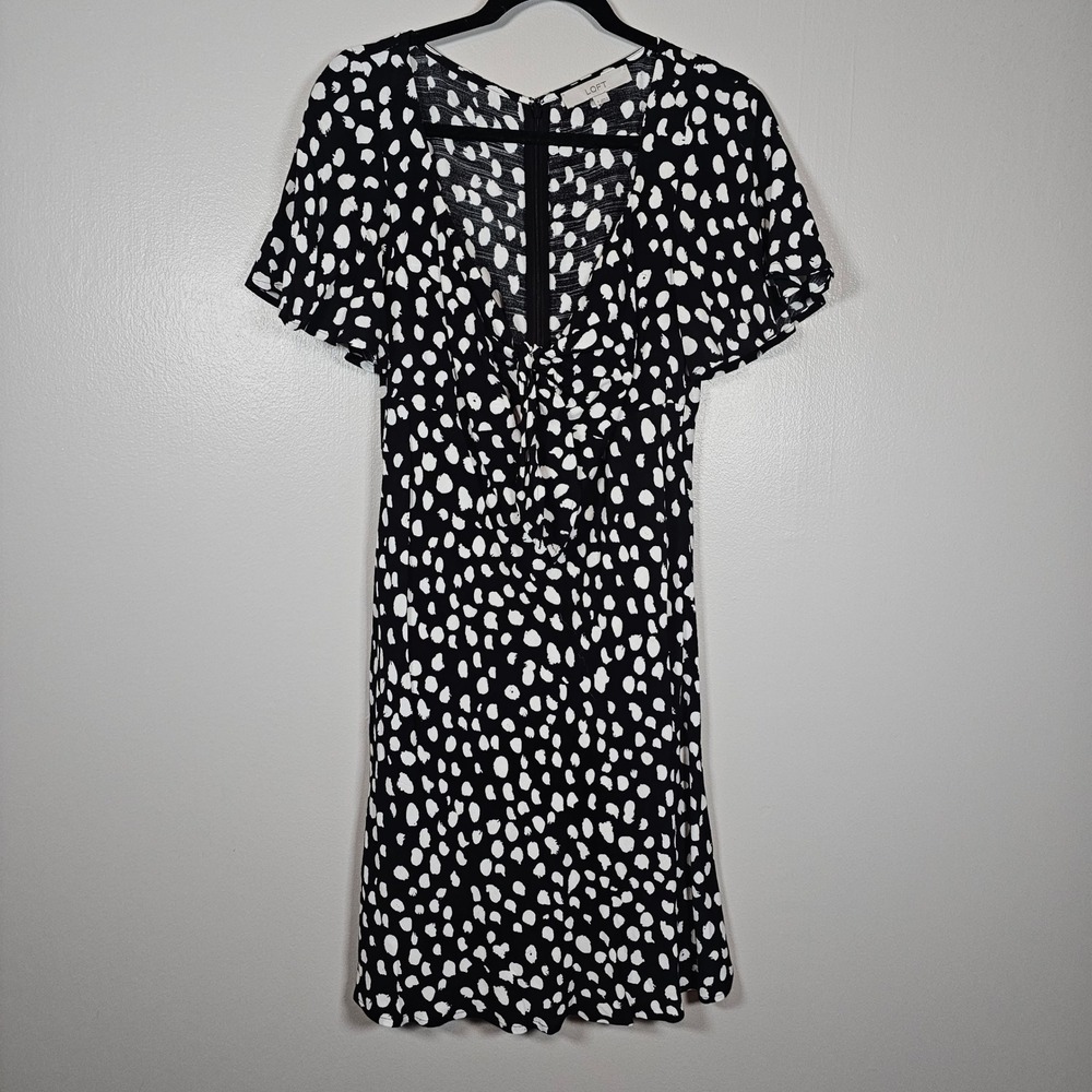 LOFT Womens Black White Polka Dot Tie Front V-Neck Flutter Sleeve Dress Small